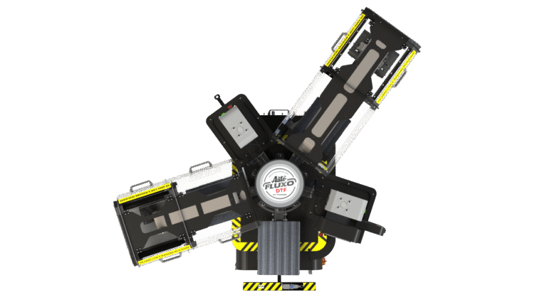 O carrossel AUTO FLUXO DTF é um equipamento automatizado projetado para alta produção de prensagens contínuas de impressões em DTF. Equipado com um alimentador DTF que posiciona o filme no berço para iniciar o processo, e um extrator automático para remoção do filme já prensado, possui capacidade para 5 berços de 45x35 cm e duas prensas PP 450.
