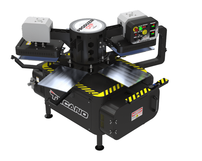 O Carrossel Produzir DTF é um equipamento robusto, projetado para alta produtividade, ideal para prensagens contínuas de impressões em DTF. Ele possui 5 berços de 45x35 cm, e duas prensas PP 450 dedicadas ao trabalho de prensagem de DTF's. Seu grande diferencial é que as bases das prensas já estão integradas diretamente a base do carrossel, oferecendo uma operação mais fluida e otimizada. APLICAÇÃO / APLICACCIÓN Destinado ao processo de DTF em peças de tamanhos A4, A3 e A3+. Permite o trabalho com peças já fechadas, viabilizando o encaixe para não contaminação do avesso da peça. Destinado al proceso DTF en piezas de tamaño A4, A3 y A3+. Permite trabajar con piezas cerradas haciendo posible encajarlas para no contaminarlas contaminación.