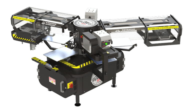 O carrossel AUTO FLUXO DTF é um equipamento automatizado projetado para alta produção de prensagens contínuas de impressões em DTF. Equipado com um alimentador DTF que posiciona o filme no berço para iniciar o processo, e um extrator automático para remoção do filme já prensado, possui capacidade para 5 berços de 45x35 cm e duas prensas PP 450.