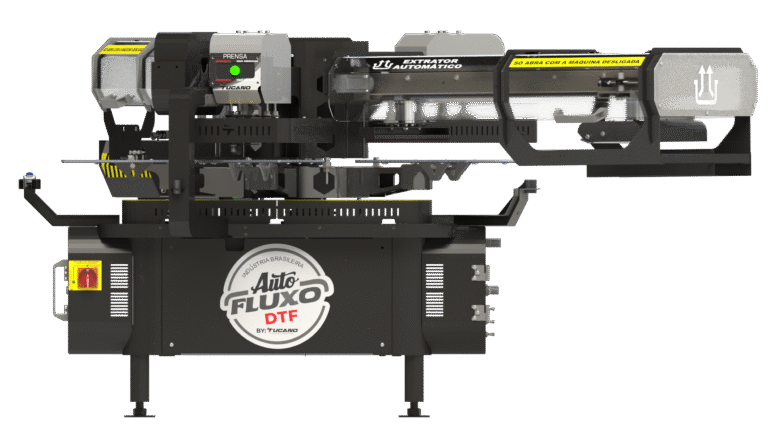 O carrossel AUTO FLUXO DTF é um equipamento automatizado projetado para alta produção de prensagens contínuas de impressões em DTF. Equipado com um alimentador DTF que posiciona o filme no berço para iniciar o processo, e um extrator automático para remoção do filme já prensado, possui capacidade para 5 berços de 45x35 cm e duas prensas PP 450.