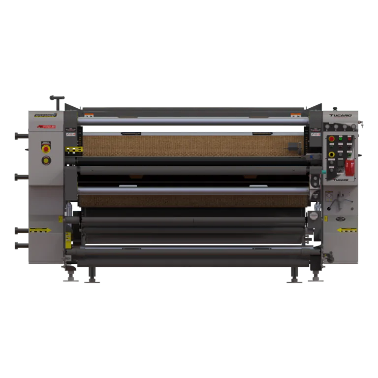 Calandra Flex System 320 Alta performance para quem produz sem parar Projetada para operações que exigem ritmo, estabilidade e escala, a Calandra Flex System 320 entrega produtividade consistente na sublimação de tecidos corridos e localizados. Com cilindro de 320 mm, largandeza útil de 1.850 mm e velocidade mecânica ajustável de 2,0 a 5,0 m/min, ela acompanha a demanda diária com precisão e previsibilidade. O aquecimento por resistências elétricas internas ao cilindro garante distribuição térmica uniforme, resultando em cores fiéis, fixação consistente e redução de perdas. O setup rápido facilita o manuseio e a operação, permitindo trocas ágeis de insumos (papéis e tecidos) e menor tempo de parada entre trabalhos.